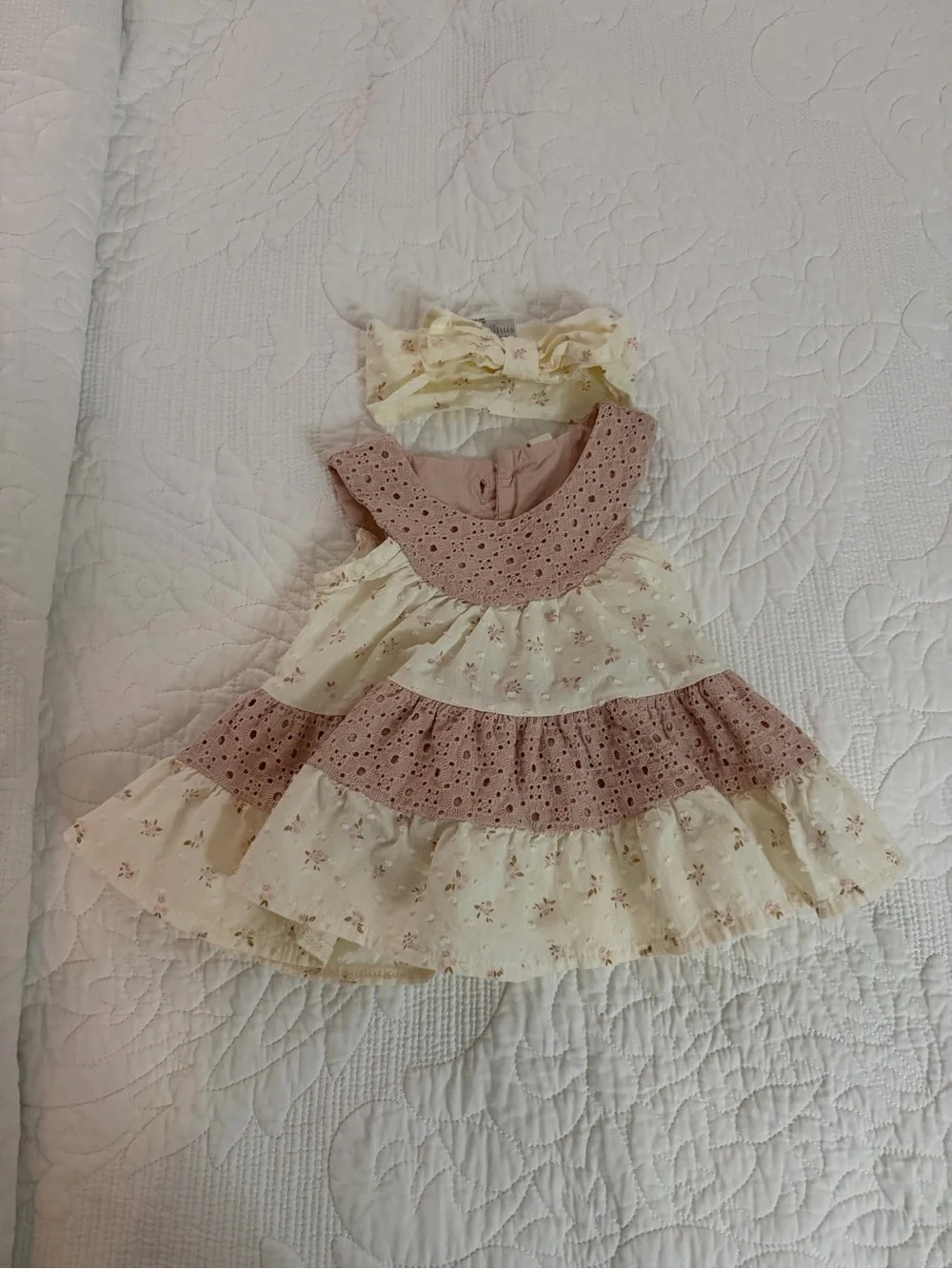 Girls Cream & Dusty Rose Tiered Eyelet Dress with Headband